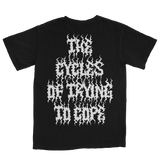 Black Cycles T-Shirt with white jagged metal-style text reading The Hills of Trauma to Hope