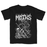 Black Cycles T-Shirt with white gothic skeleton graphic and MOTHS text design