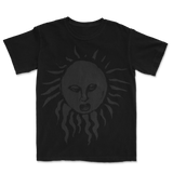 Black sun t-shirt featuring a stylized sun face design for a unique look
