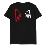 Black Demon Heart T-Shirt featuring red and white abstract logo designs on front