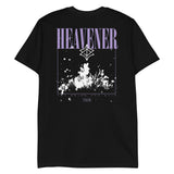 Black rain t-shirt with purple and white HEAVENER graphic and abstract landscape design