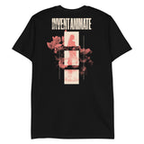 Black Fading T-Shirt featuring INVENT ANIMATE text and abstract reddish back design