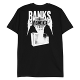 Black Globe T-Shirt featuring BANKS ARCADE text and graphic design on the back