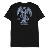 Black ring-spun cotton Statue T-Shirt with blue angelic statue graphic on back