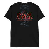 Black Blossom T-Shirt in ring-spun cotton featuring red ’INVENT ANIMATE’ text design