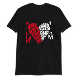 Black Demon Heart T-Shirt with heart graphic and red, white text design