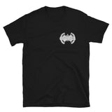 Black T-shirt featuring a white bat logo for Protect Serve Murder style
