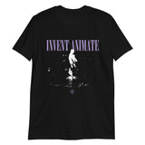 Black rain t-shirt with INVENT ANIMATE text and silhouette graphic design on front