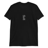 Black Bouquet T-Shirt featuring small white vertical text on the chest