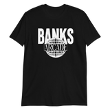 Black Globe T-Shirt featuring BANKS ARCADE text and globe design in white