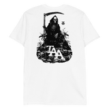 White Treading Water T-Shirt featuring a black Grim Reaper graphic with scythe