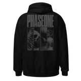 Black PhaseOne Hoodie featuring striking skull graphic and text on back