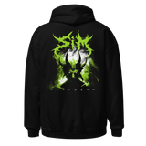 Black demon hoodie featuring a green demonic design with glowing eyes and horns