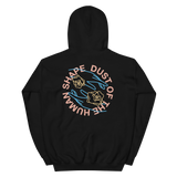 Black Hands Hoodie in pre-shrunk cotton featuring colorful circular text and hand design