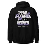 Black hoodie featuring white and purple text design, a pre-order item to reduce overproduction