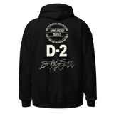 Black hoodie featuring D-2 graphics, made of pre-shrunk cotton with pouch pocket