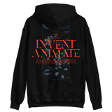 Black Blossom Hoodie featuring Invent Animate text and abstract graphic design on the back