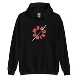 Black hoodie sweatshirt featuring a red circular logo for Your Light Fades Away Hoodie