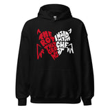 Black Demon Heart Hoodie featuring red and white wolf head graphic design