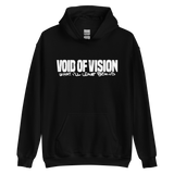 Black hoodie with white VOID OF VISION text, double-lined hood, and pouch pocket