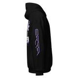 Black hooded sweatshirt with purple graphics, a pre-order item promoting reduce overproduction