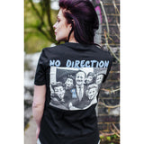 Black direction t-shirt featuring vintage group photo and NO DIRECTION text on back
