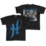 Two black direction t-shirts featuring a stylized H and a NO DIRECTION group photo