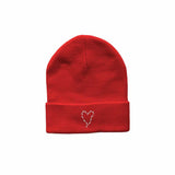 Red knit Frank Iero Barbed Wire Heart Deluxe embroidered beanie with heart cuff design