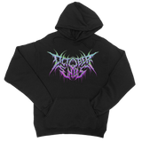 Black hoodie featuring a colorful stylized Death Logo on the front, logo hoodie