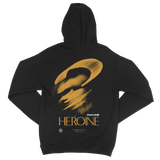 Black Halo Hoodie in pre-shrunk cotton with golden abstract design and HEROINE text