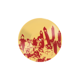Circular design with city silhouettes in red on Afterglow Transparent Yellow LP background