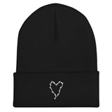 Black knit beanie with embroidered white barbed wire heart design for Frank Iero