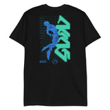 Black Sleep Waker Digital Nothingness T-shirt with blue basketball player and green AKG text