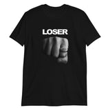 Black LOSER rage t-shirt in ring-spun cotton featuring fist graphic, ideal for East Asia style