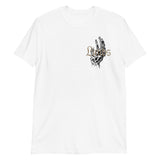 White LIMBS Melt T-Shirt in ring-spun cotton with a skeletal hand design on chest