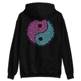 Black Yang Hoodie featuring a colorful floral yin-yang design and double-lined hood