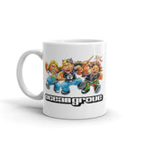 White ceramic Ocean Grove mug with cartoon characters and text Ocean group, air forever mug