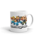 White ceramic Ocean Grove air forever mug with colorful cartoon illustration of a group