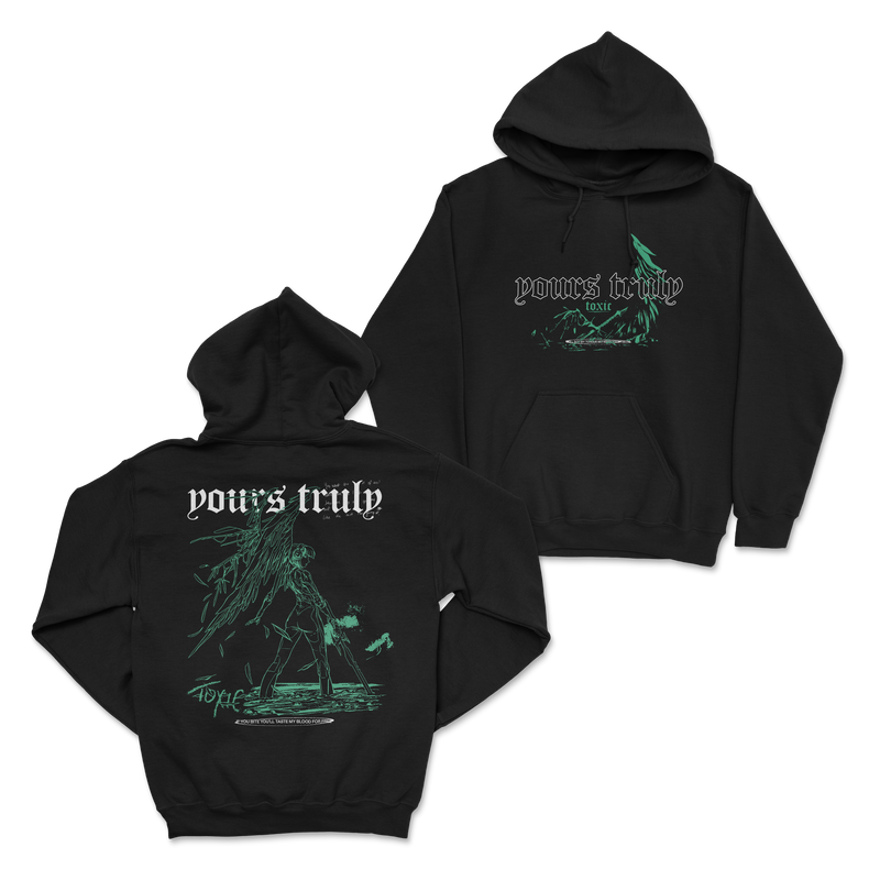 Black Toxic Hoodie with vibrant green graphic designs on front and back