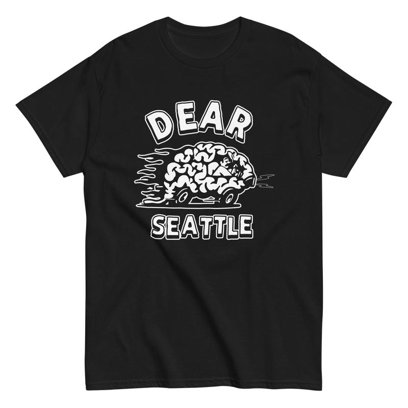 Black T-shirt featuring Dear Seattle text and brain car graphic design