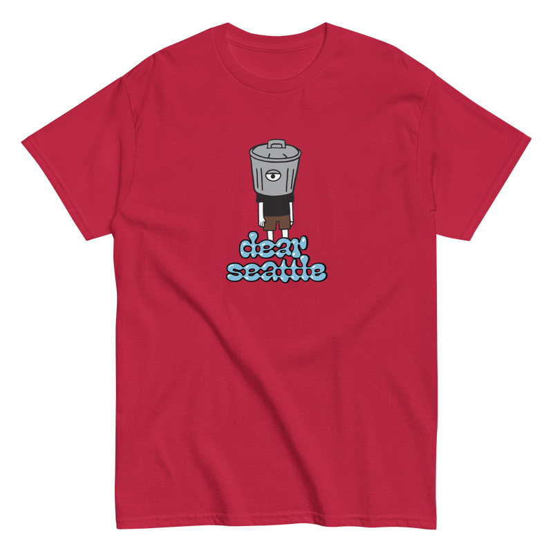 Red Dear Seattle Binhead T-Shirt with cartoon trash can design and Dirty Seattle text