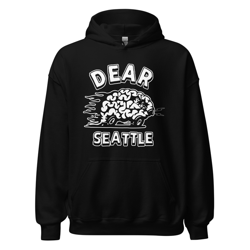 Black brain car hoodie with Dear Seattle text and brain graphic on the front