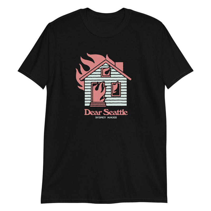 Black Dear Seattle Burn T-shirt in ring-spun cotton featuring a graphic of a pink house on fire